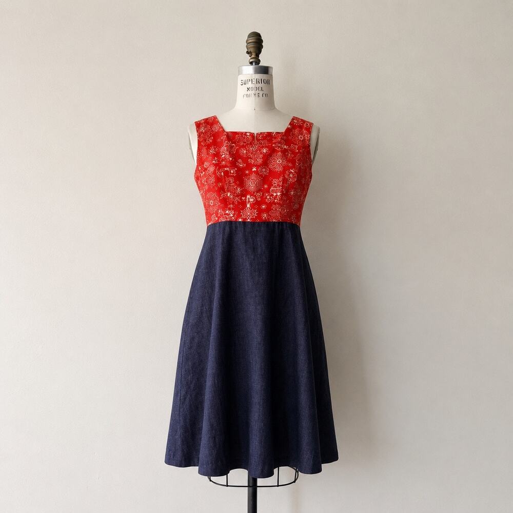 Vintage 1960s Red Bandana Dress Novelty Print Short Sleeveless Dress Metal Zip -